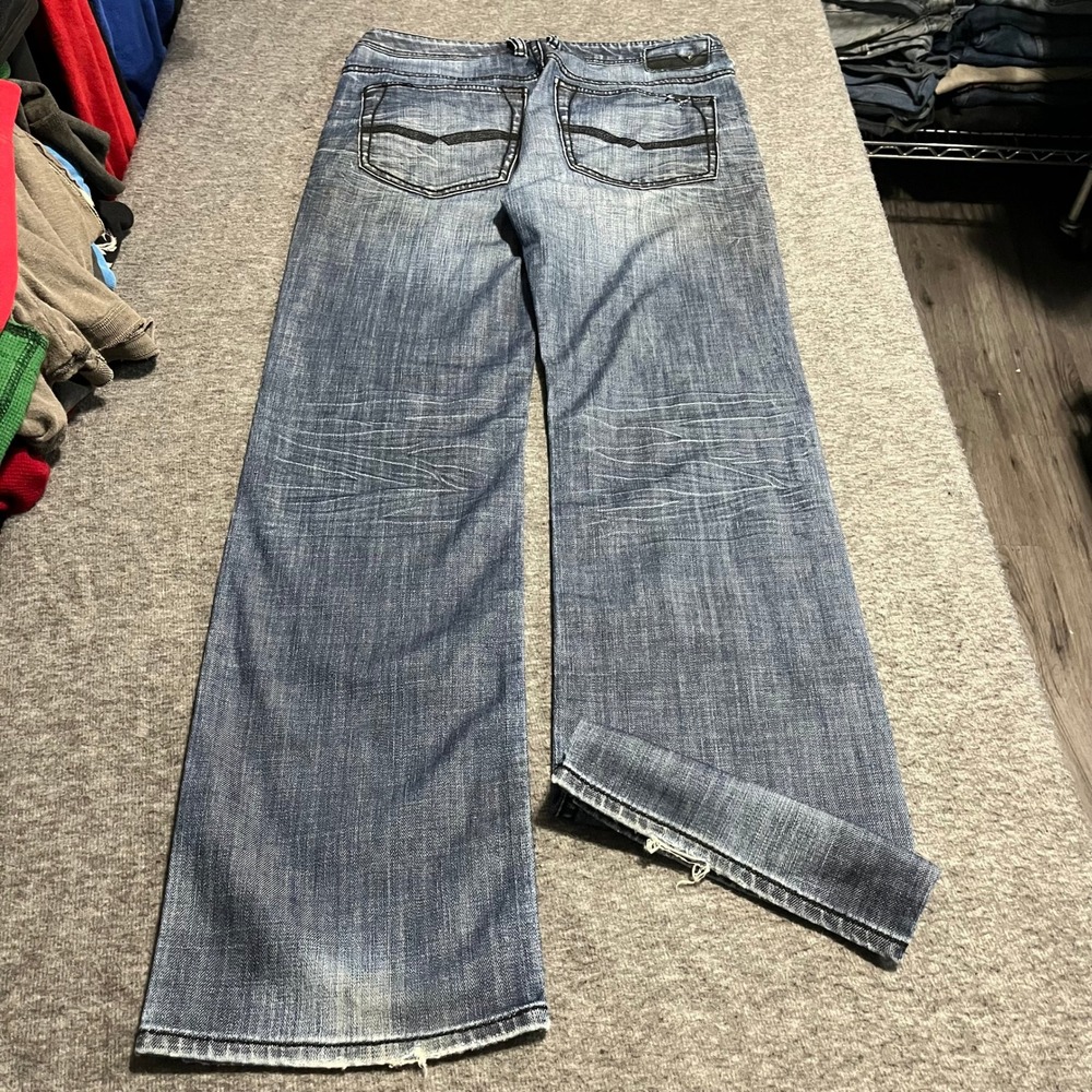 Buffalo David Bitton Men 31x32 Blue Distressed Wide Leg Relaxed Fit Jeans